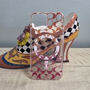 Coach Case with MagSafe, Clear pink & orange ombre signature glitter C's,EUC